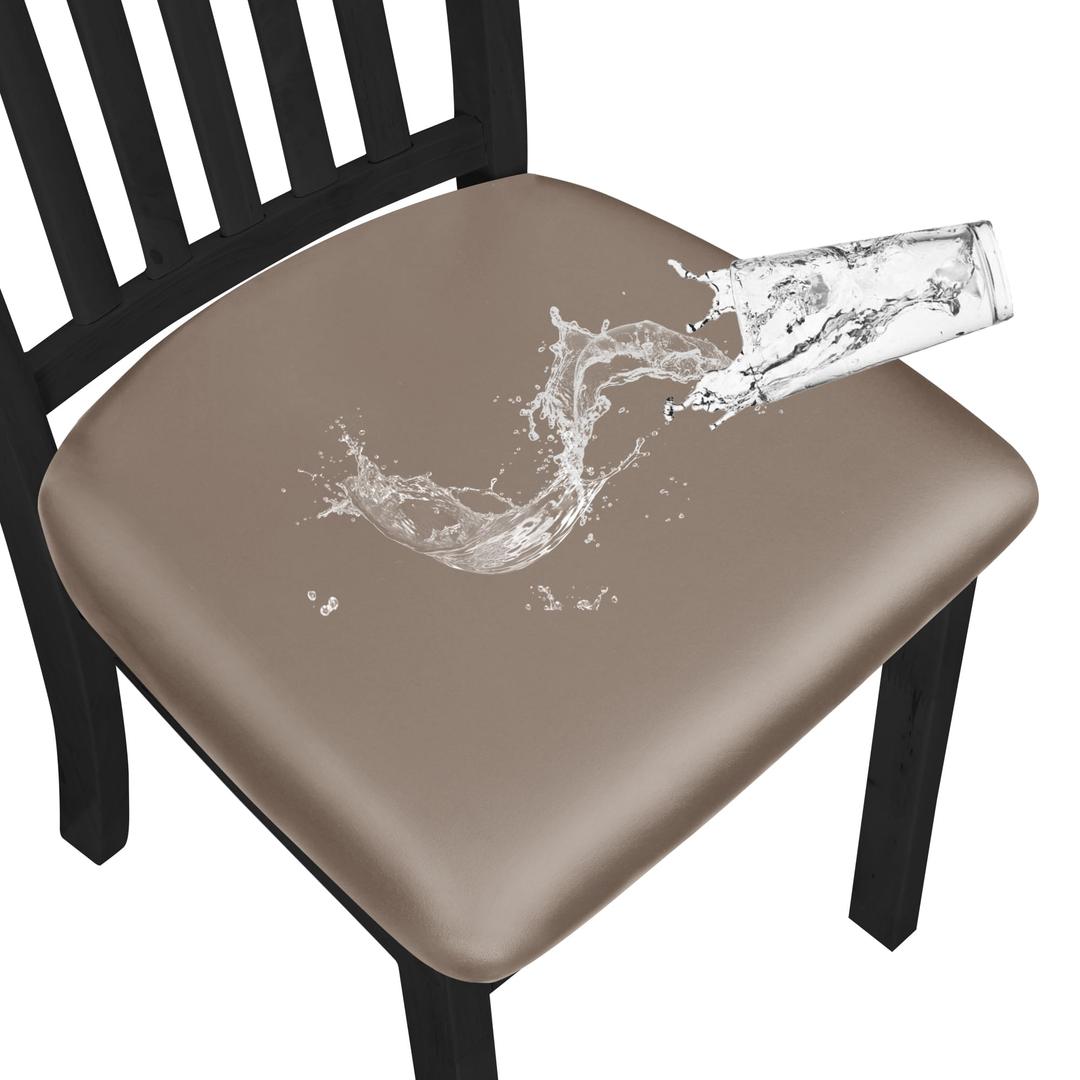 Easy-Going Waterproof PU Leather Seat Covers for Dining Room Chairs Set of 6, Stretch Fit Removable Chair Seat Protector Slipcovers with Elastic Band, Taupe