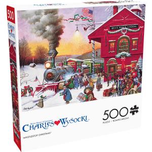 Buffalo Games  Whistle Stop Christmas  500 Piece Holiday Puzzle for Adults  Charles Wysocki Jigsaw Puzzles  Festive Train Scene with Poster – 500 Colorful Pieces