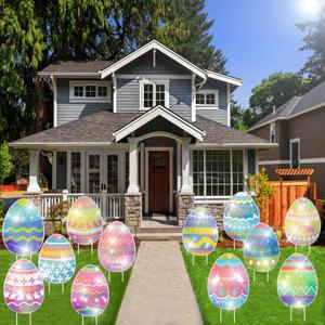 Easter Decorations Outdoor, 12pcs Colorful Easter Egg Decorations with Laser Printing & Reflective Sparkle, Outdoor Indoor Easter Egg Hunt Party Decor (8.7"x11.8")