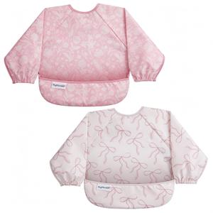 Tiny Twinkle Long Sleeve Bib for Babies & Toddlers | 2-Pack Waterproof Smock Bib for Eating | Machine Washable & Mess-Proof Feeding Essentials | Newborn Shower Gift (Toile, Bows, Small 6-24M)
