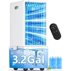 COOLECH 4-IN-1 Windowless Air Conditioner Portable w/ 3.2-Gal Tank for 30H Cooling, 4 Speeds &4 Modes, Waterless Alert System Swamp Cooler, LED Touch & Remote, 12H Timer, Evaporative Air Cooler for Room