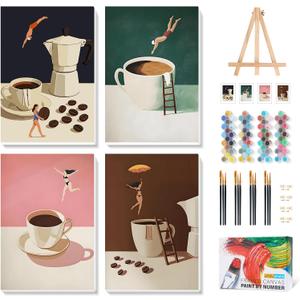 Camocin 4 Pack Framed Paint by Numbers Kit for Adults with Wooden Easel, Coffee Paint by Numbers with Frame for Beginner, Coffee Adult Paints by Number Kits on Canvas Framed 8 x 12 Inch