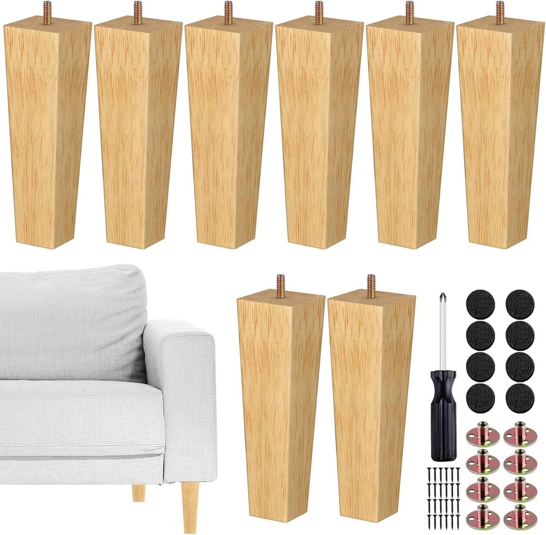 TURSTIN Set of 8 Furniture Legs 8 Inch Square Solid Wood Couch Legs Replacement Sofa Legs Mid Century Furniture Feet for Armchair Bed Dresser Cabinet Include Installation Hardware, Natural