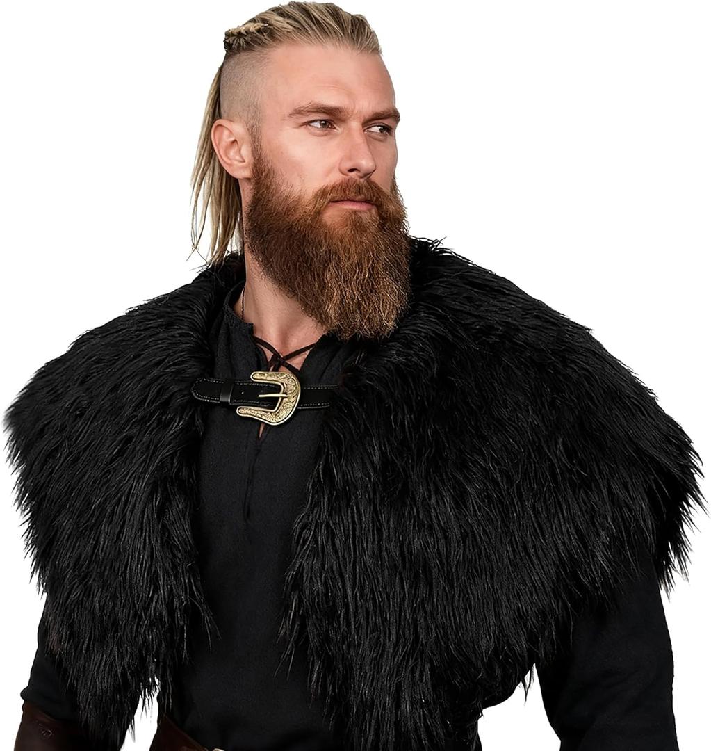 Joukavor Viking Faux Fur Collar with Belt Buckle Medieval Knight Shoulder Wrap Warrior Cape Winter Shawl LARP Cosplay Costume (Black)