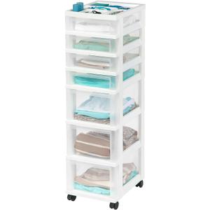 IRIS USA Plastic Drawer Storage Organizer Rolling Cart, with Wheels Casters, 7-Drawers, for Classroom Art Craft Supplies Dresser Closet Bathroom Dorm Bedroom Laundry Room, White/Clear
