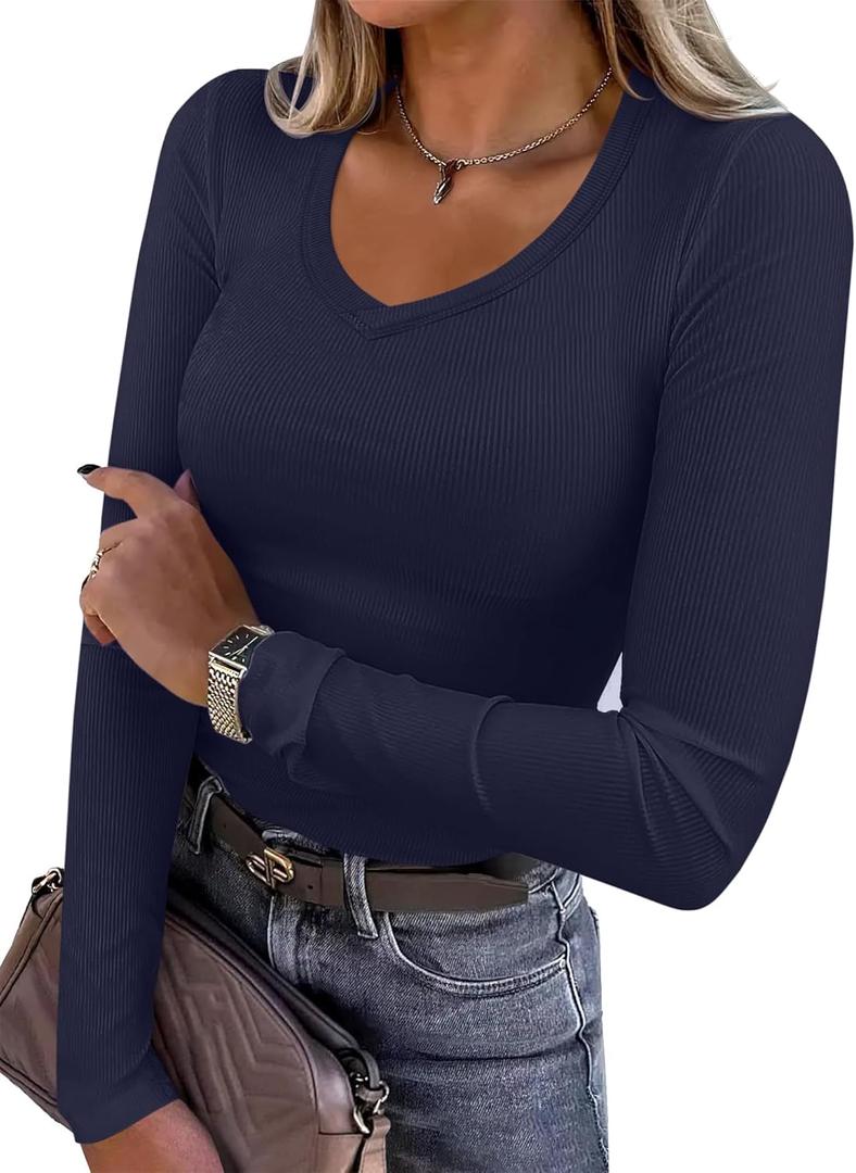 REORIA Womens Long Sleeve Shirts 2025 Fall Trendy Deep V Neck Slim Fit Basic Tops Casual Going Out Top Tee Blouse (Medium)