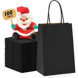 METRONIC Black Gift Bags 5.25 x 3.75 x 8 Inch 100 Pack, Small Paper Bag Bulk with Handles, Heavy Duty Shopping Bags for Party Favors, Retail, Birthday, Weddings, Takeout