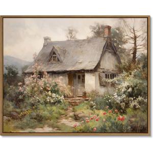 Gardenia Art Framed Old Cottage Wall Art Vintage Landscape Oil Painting Mountain Hut Blooming Wild Floral Canvas Print Country Aesthetic Decor Art for Bedroom Bathroom Living Room Home Dcor 12"x16"