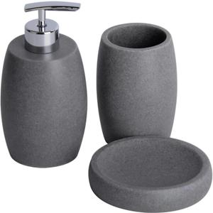 Grey Bathroom Accessories Set 3 PC, Resin Sandstone Look Soap Dispenser, Toothbrush Cup, Soap Dish, Bathroom Soap Dispenser Set for Home Decor and Kitchen, Dark Grey