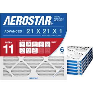 Aerostar 21x21x1 MERV 11 Air Filter, 6 Count, ACTUAL SIZE (20.88 x 20.88 x 0.75), HVAC, Air Conditioning & Furnace Filter for Dust, Pet Dander, Smoke & Allergies (MPR 1200 / FPR 7), Made in USA