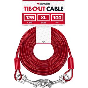 Tuff Pupper Dog Tie Out Cable 100 Feet | Dog Runner Cable for Yard 100 ft | Heavy Duty Lead | Water & Rust Resistant Industrial Strength Steel | 360 Degree No Tangle Swivel Clips