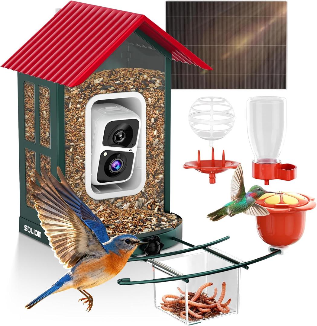 SOLIOM Smart Bird Feeder with Camera for Outdoors, Durable Metal Solar AI Birdhouse, 2K Live View & Instant Alerts, Squirrel-Proof  Complete Bird Watching Gift Set(Red)