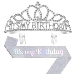 Birthday Tiara and Crown with Sash, Birthday Tiara for Women Party Silver