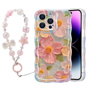 EYZUTAK Case for iPhone 14 Pro with Chain Oil Painting Flower, Purple