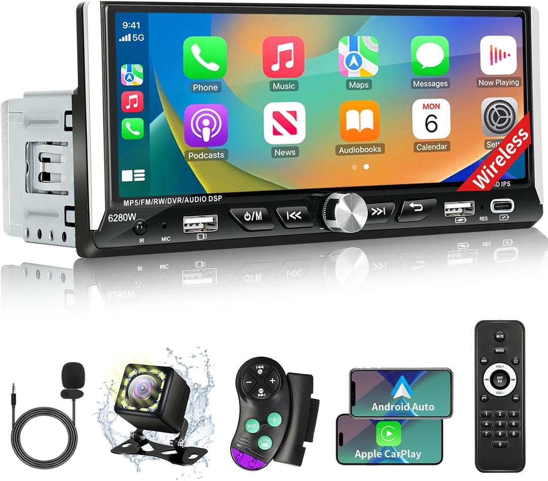 Single Din Car Stereo with Wireless Apple Carplay Android Auto, 6.9" IPS Touchscreen Car Stereo with Bluetooth 5.2 Handsfree Mirror Link Backup Camera GPS Navigation Dual USB Fast Charge FM AM EQ SWC