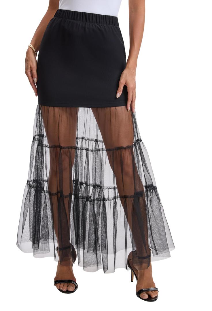 GERT COREL Women's Lace Sheer Maxi Skirt, Bodycon High Waisted Mesh Skirt (Black, S)