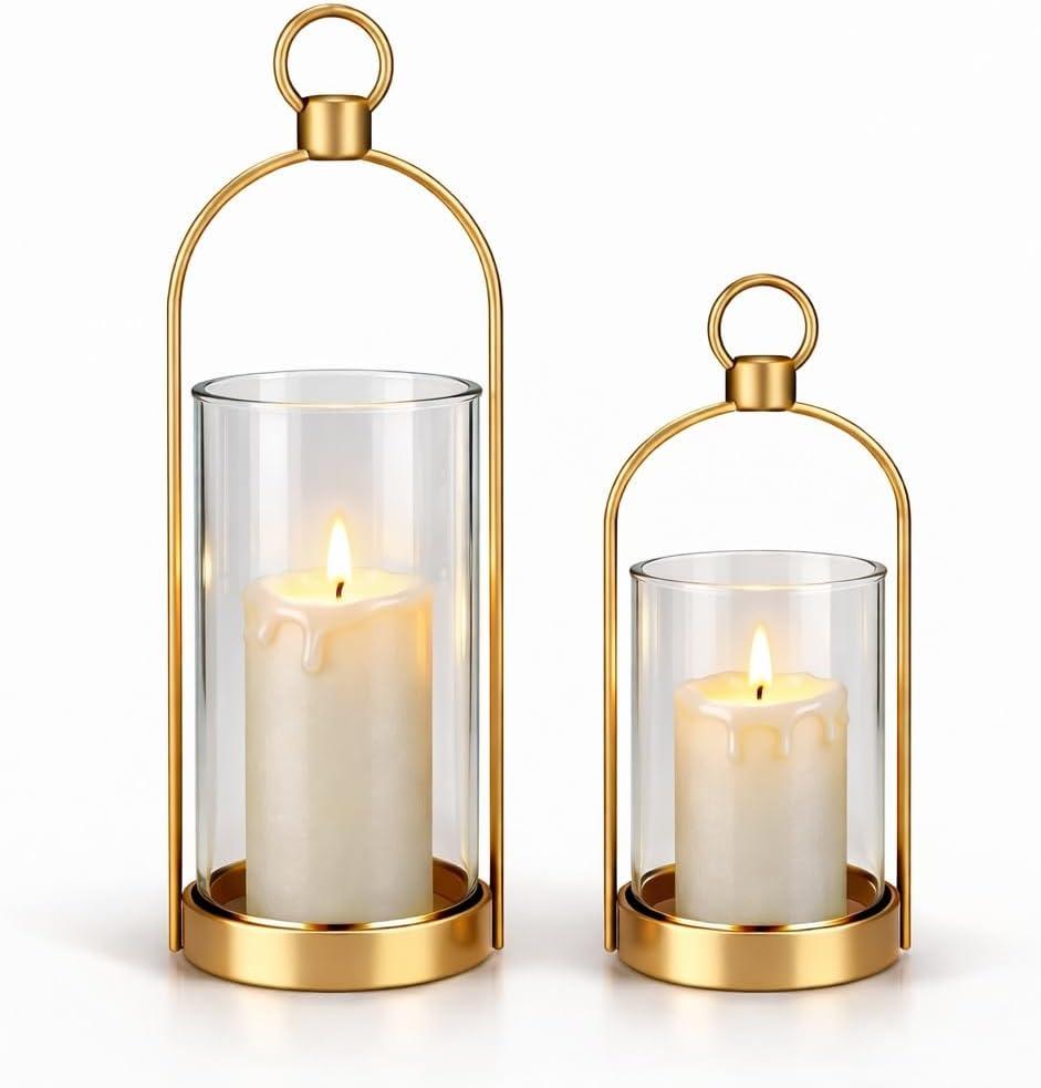 Gold Glass Candle Holder Set of 2, Modern Decorative Hurricane Candle Holders with Thick Glass Cylinder & Vintage Metal Frame for Table Centerpiece, Living Room, Shelf & Dining Table Decor