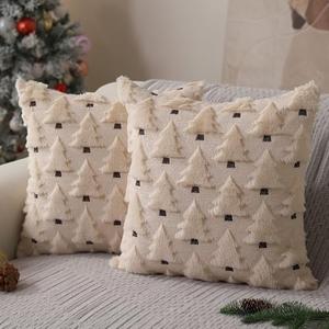 Allorry Christmas Pillow Covers 18x18 inch Set of 2 Xmas Decorations Soft Plush Faux Fur Wool Beige Christmas Tree Throw Pillow Cases Winter Holiday Decor for Sofa Living Room PT-002C18