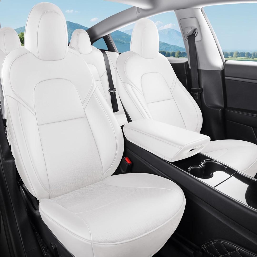 Tesla Model 3 Car Seat Covers Nappa Leather Car Interior Seat Airbag Compatible Cushion Cover Full Set Custom Fit 2023 2022 2021 2020 2019 2018, Nappa White