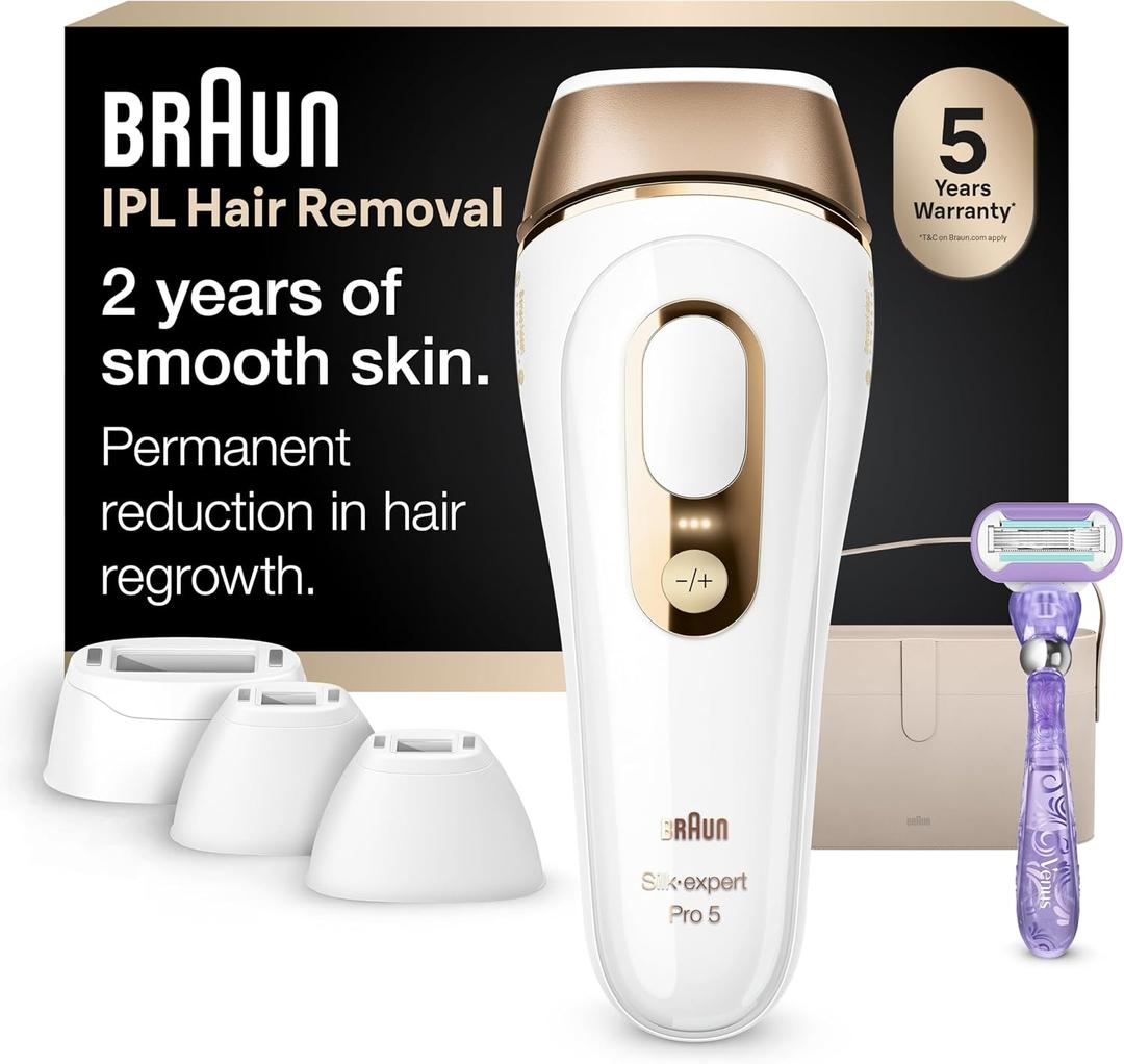 Braun IPL, SilkExpert Pro 5, IPL Hair Removal for Women and Men, Permanent Laser Hair Reduction At-Home, 4 Heads, IPL5347