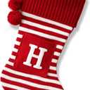 20 Inches Initial Monogram Embroidered Christmas Stocking Striped knitted Christmas Decorations Stocking Red,White, Green Letter Stockings for Family Holiday and Xmas Tree Fireplace Decor-50-H-Red