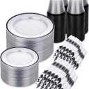 700PCS Clear Black Disposable Plates Set for 100 Guests, 200 Plastic Plates, 100 Plastic Cups, 100 Pre-Rolled Napkins with Cutlery for Party, Christmas, Birthday, Wedding, Thanksgiving, Halloween