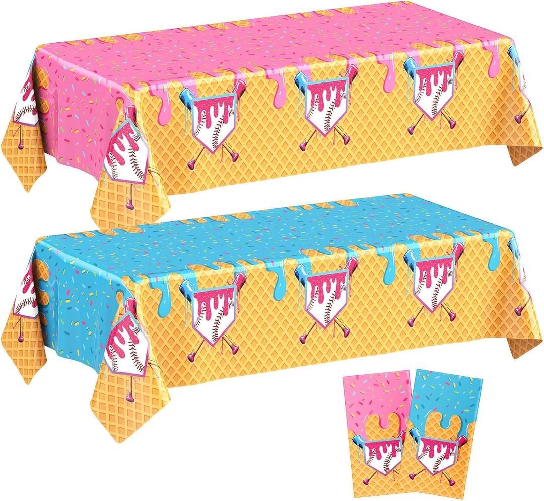 Gilprop 2 Pcs Baseball Ice Cream Drip Birthday Party Decorations Plastic Cute Birthday Tablecloth 108 x 54 Inches Disposable Rectangle Tablecover for Boys Girls Kids Baby Shower Party Supplies