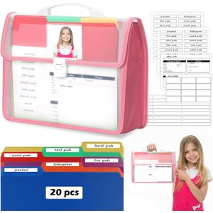 School Years Organizer Kit Clear Plastic Storage Tote with 20 Letter Size Colored Manila Folders 60 Reusable Sticker Labels School Memory Keepsake Box for Pre K to 12th Grade DIY Organization (Pink)