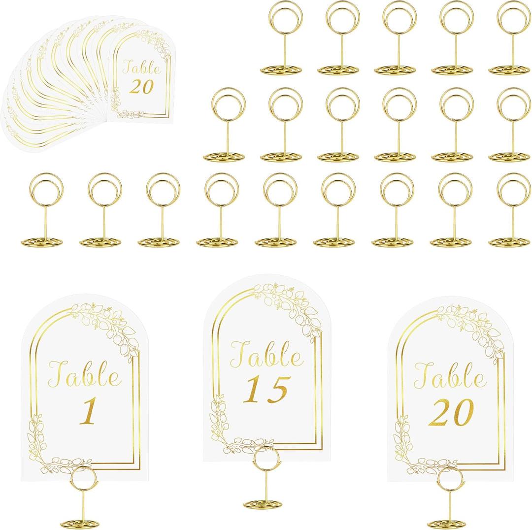 JOYIT 20 Sets Wedding Table Numbers 1-20 with 20 Pcs Holders, White Gold Cards with Place Card Holders, 4" x 6" for Wedding Reception and Birthday