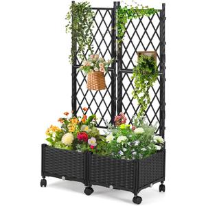 FOLLOOK Planter Box with Trellis, 4ft Tall Self-Watering Plastic Raised Garden Beds and Lattice Trellis with Lockable Wheels & Drain Plug for Outdoor Patio Backyard Balcony, Black, 2 Pcs