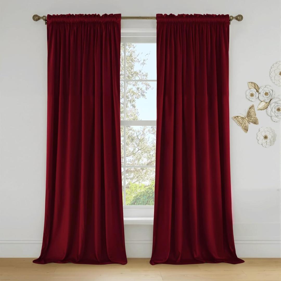 NICETOWN Christmas Red Velvet 108 inch Curtains and Drapes, Blackout Extra Long Elegant Wall Backdrop Drapes for Holiday Season Home Decoration (52x108, Set of 2, Rod Pocket Design)