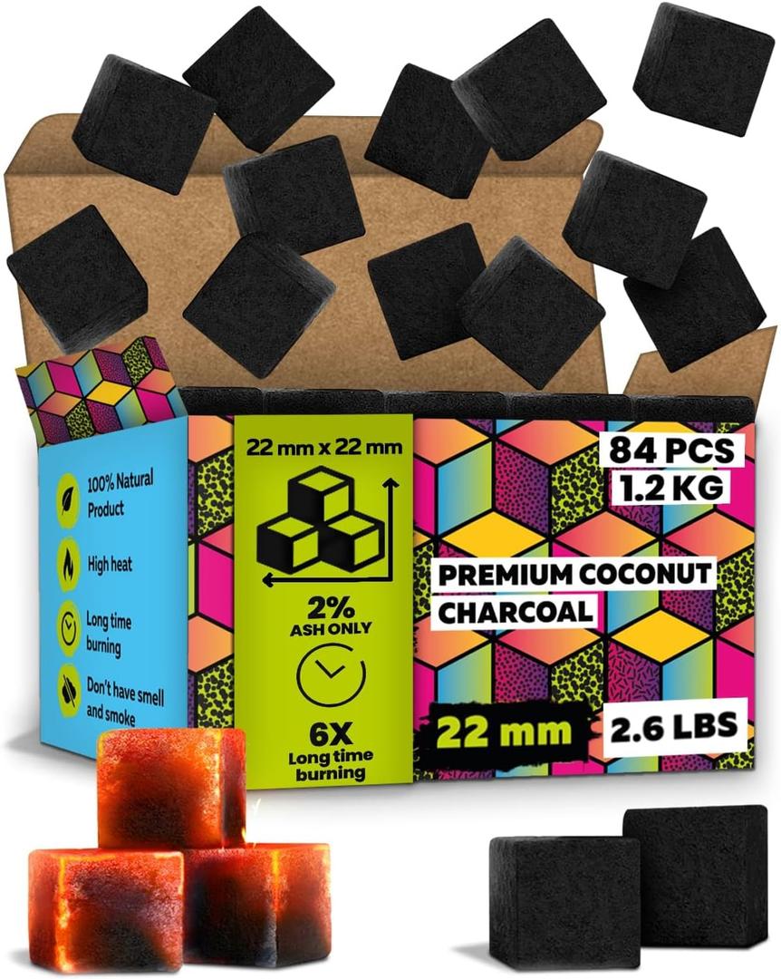 112 pcs Hookah Charcoal Hookah Coals for Hookah Coconut 22mm Cubes  Pack 112 pcs &1.2 KG (2.6 lbs)  Premium Quality 22mm M. ROSENFELD 100% Natural Coconut Charcoal Hooka Cubes  NOT Quick Light