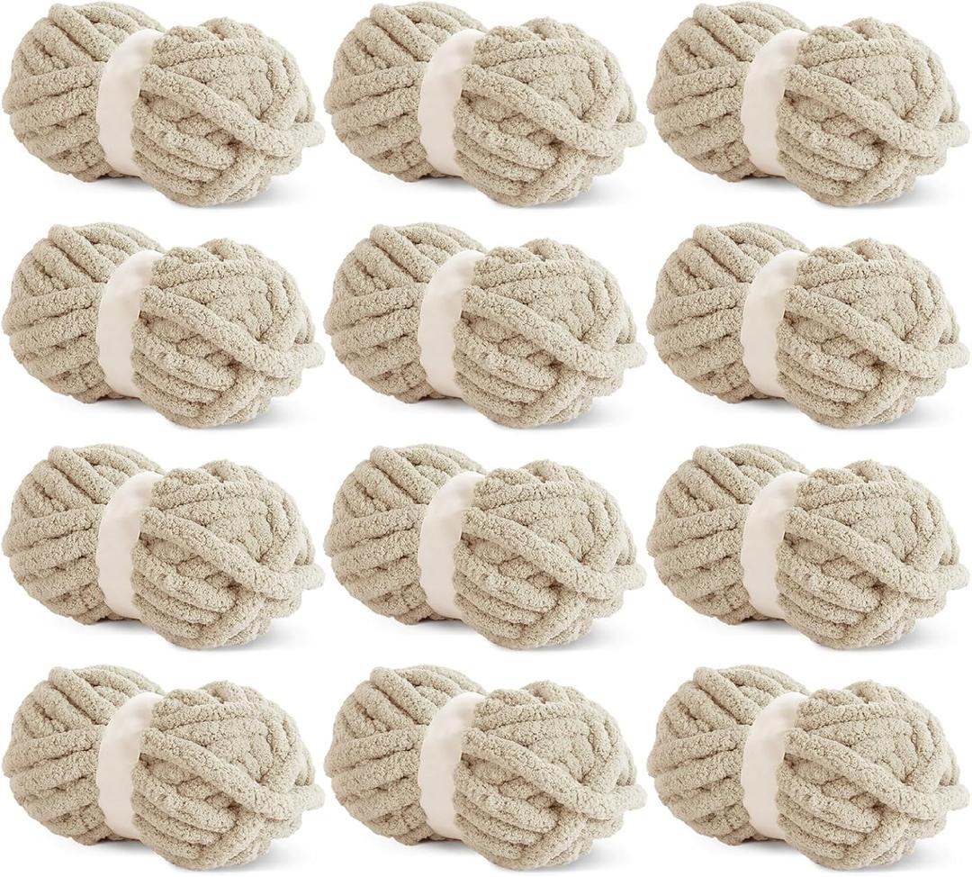 HOMBYS Khaki Chunky Chenille Yarn for Crocheting, Bulky Thick Fluffy Yarn for Knitting,Super Bulky Chunky Yarn for Hand Knitting Blanket, Soft Plush Yarn, 12 Jumbo Pack (27yds,8 oz Each Skein) (12 Pack)