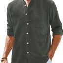 Alimens & Gentle Men's Cotton Linen Shirts Long Sleeve Button Down Shirt Band Collar Beach Shirts (Green, XXL)
