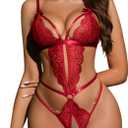 Kolagri Sexy Crotchless Lingerie for Women Naughty One Piece Deep V Lace Bodysuit Cut Out Teddy Babydoll Nightgown (Medium, Burgundy)