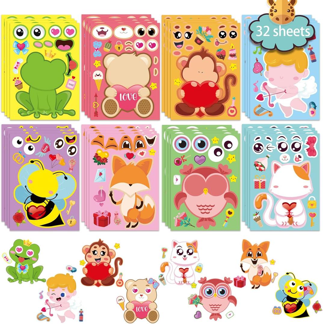 32 Sheets Valentines Day Make a Face Stickers, Make Your Own Valentine Stickers for Kids,8 Designs of Animal Little Angel Sticker for Boys Girls Valentine's Day Activities Party Favors Supplies
