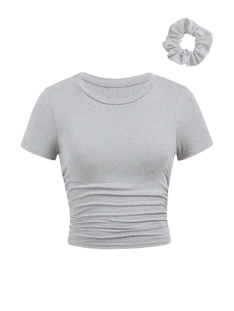 SOLY HUX Girl's Short Sleeve Crew Neck Slim Fitted Basic T-Shirts Summer Tops with Hair Ties Light Grey 12 Years
