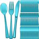 Minatee 150 Pieces Disposable Cutlery Set Plastic Silverware Heavy Duty Utensil Sets 50 Forks 50 Knives 50 Spoons for Home Office School Party Picnics Restaurant Outdoor Events(Peacock Blue)