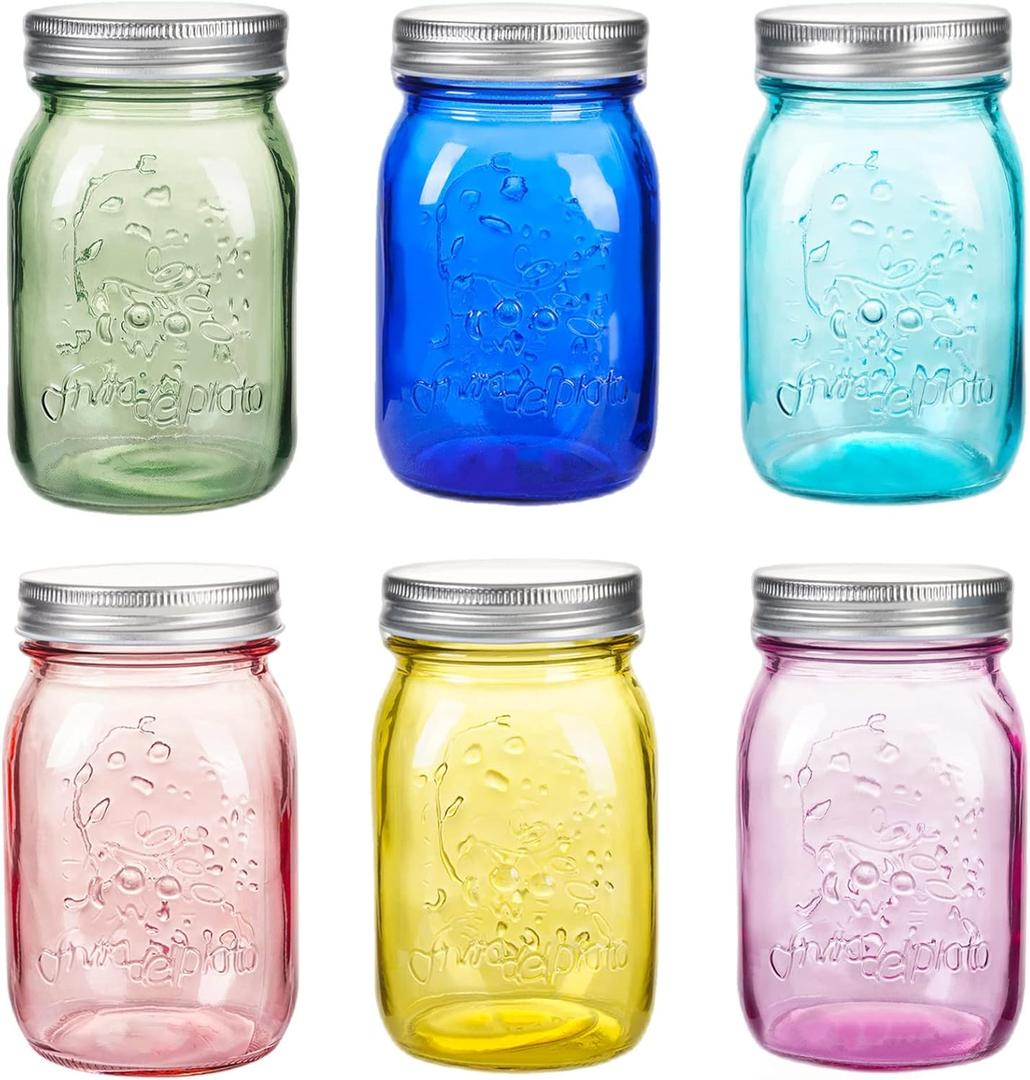 Amzcku 16 oz Colored Mason Jars with LidsRegular Mouth Canning Jar, 6 Pack Multifunction Glass Container, for Storage, Canning, Pickling, Preserving, Fermenting, DIY Crafts & Decor