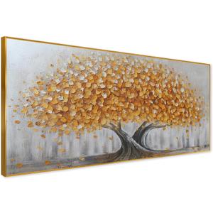 Gold Tree of Life Canvas Wall Art, Modern Abstract Textured Painting, Large Framed Panoramic Landscape Artwork for Living Room, Bedroom, Office, Home Decor 48"x24"