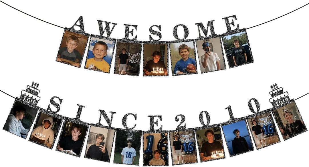 Awesome Since 2010 Photo Banner - Black Sweet Glitter 16th Birthday Decorations for Girls Boys with Photo Frames & String, Happy 16th Birthday Party Supplies Garlands Decor