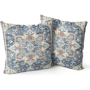 Boho Pillow Covers 16"x16" Set of 2 Monaco Grey Blue Bohemian Carpet Double Sided Pattern Linen Pillowcases Cushion Cover for Farmhouse Couch Sofa Bed Decorative, Only Pillowcase (Boho Style 08)