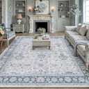 PureCozy 8x10 Area Rug Blue Washable Vintage Carpet Living Room Bedroom Large Non Slip Stain Soft Resistant Low Pile Thin Boho Accent Indoor Throw Rug for Dining Room Office