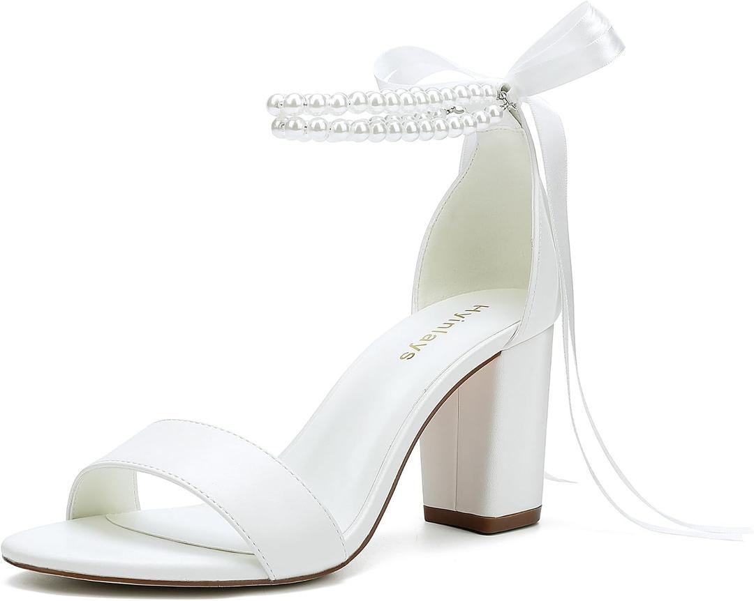 Hyinlays Women's Open Toe Block Heel Pearl Wedding Shoes for Bride Chunky Heeled Sandals Bridal Shoes Pumps