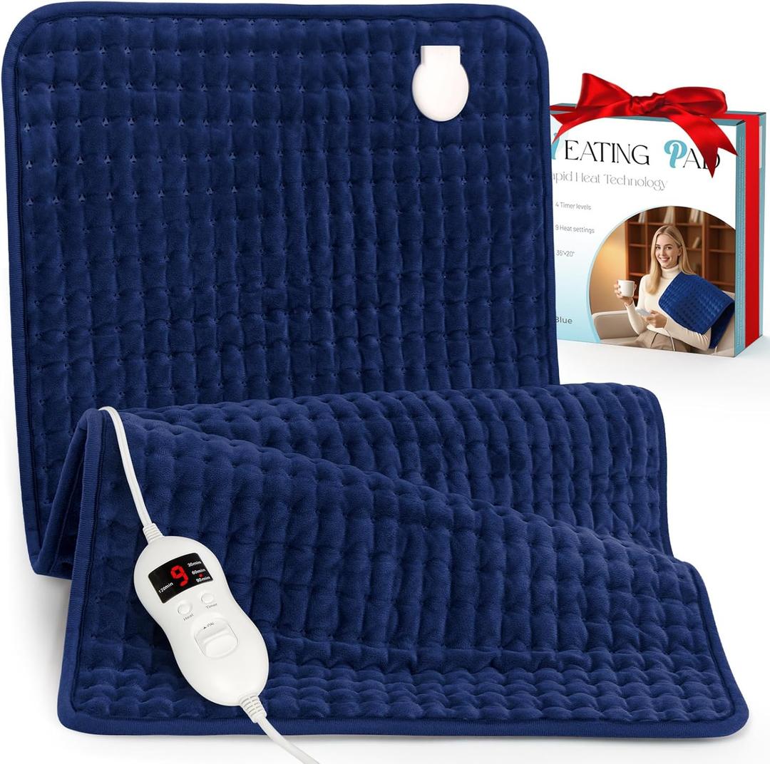 Extra Large Heating Pad for Back Pain Relief, 35"x20" Electric Heat Pads for Period Cramps & Body Shoulder, 9 Heat Settings, Auto-Off, Machine Washable, Dry Moist Heat, Gifts for Women Men, Blue