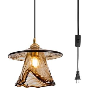 Glass Pendant Light Retro Hanging Lighting Plug in Stairway7.87 Swag Light Artistry Cord Hung Light Fixtures Amber Ceiling Hanging Light for Dining Room Entryway Hallway Old House, medium