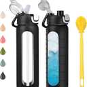 24 oz Glass Water Bottles with 2 Lids-Handle Spout Lid & Straw Lid, Motivational Water Bottle with Time Marker and Silicone Sleeve,Leakproof-Black-1 Pack