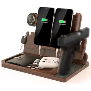 BarvA 2 Phone Docking Station | Patented Adaptive Wood Gun Rack | Night Stand Room Decor | Gun Accessories Gifts for Men | Smart Watch & Phone Stand | Charging Station Desk Organizer (Dark Walnut)