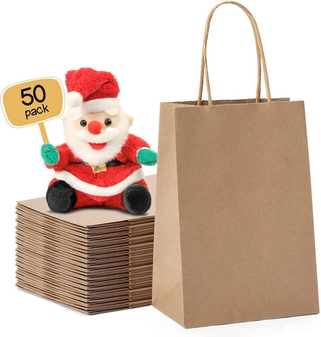 METRONIC Paper Gift Bags 5.25x3.75x8 50Pcs, Christmas Gift Wrap Bags with Handles, Brown Kraft Paper Bag for Small Business, Bulk Party Favors Bag for Birthday, Shopping, Retail, Made in USA