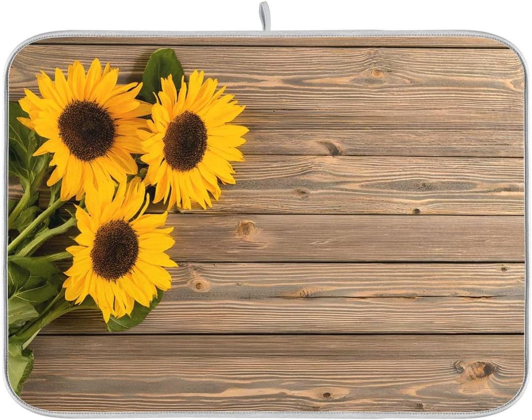 Dish Drying Mat Sunflowers On Wooden, Absorbent Reversible Flowers Drying Mat Dishes Pad Dish Mats for Drying for Kitchen Counter Decor 18x24 Inch